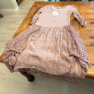 SCANDAL long sleeve deep scoop neckline midi in length lace accents DRESS